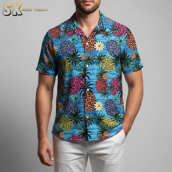 Blue Pineapple Hawaiian Shirt with Tropical Leopard Print Pattern