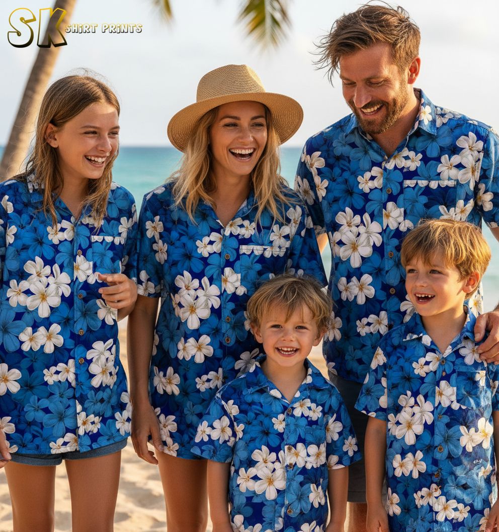 Blue tropical shirt featuring white plumeria flowers with yellow centers in scattered tropical pattern