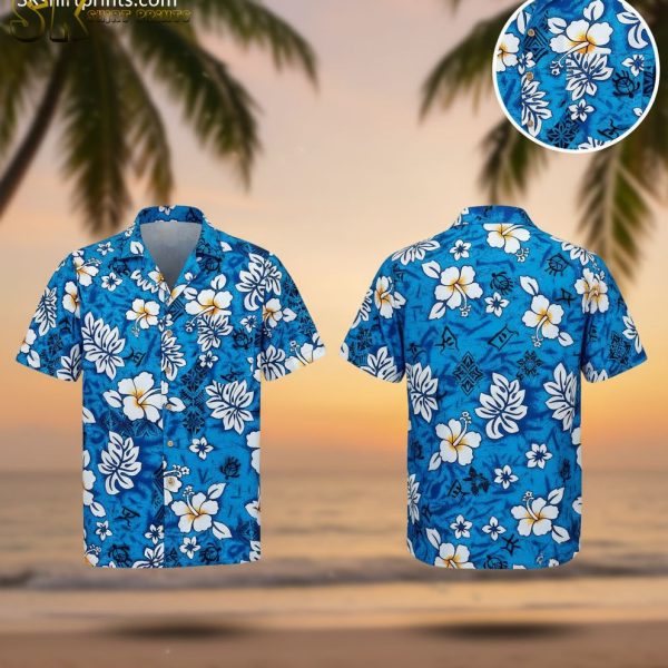 Blue White Hibiscus Hawaiian Shirt - Men's Tropical Aloha Button Down Short Sleeve