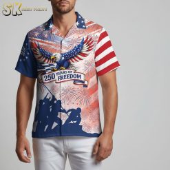 Blue white hawaiian shirt with patriotic stars and stripes pattern featuring eagle design
