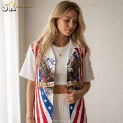Blue white Hawaiian shirt product specifications showing patriotic eagle and American flag design with sizing details