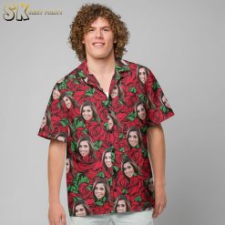 Close-up detail of Boston Red Sox Hawaiian shirt showing intricate red roses and face pattern design elements