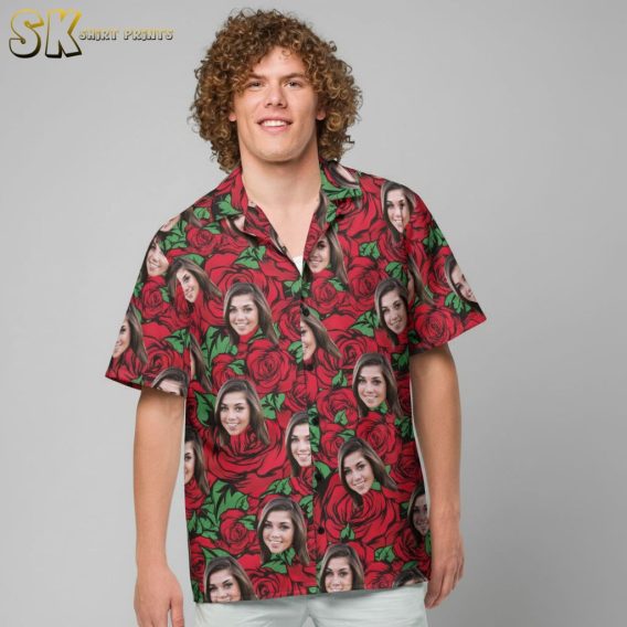 Close-up detail of Boston Red Sox Hawaiian shirt showing intricate red roses and face pattern design elements