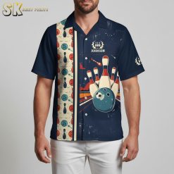 Bowling hawaiian shirts with tropical bowling pin pattern in navy blue red white colorway