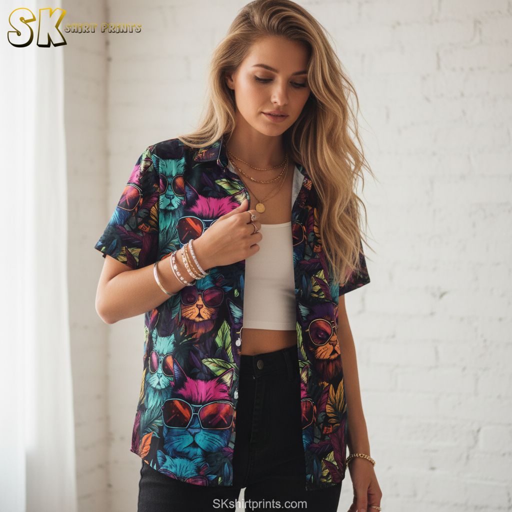 Bright hawaiian shirt with cats wearing sunglasses pattern in vibrant blues, pinks, oranges, and purples