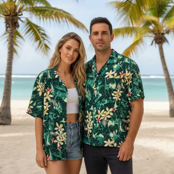 Bright green Hawaiian shirt with vivid tropical leaf design and colorful flower details