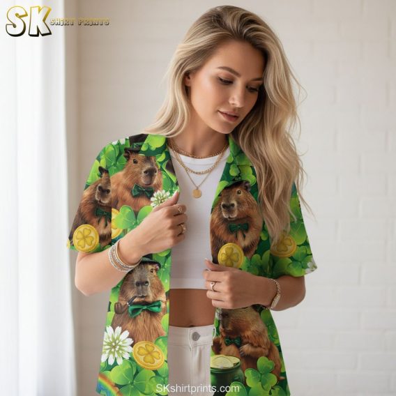 Bright green Hawaiian shirt with vibrant capybara characters in bow ties and festive decorations
