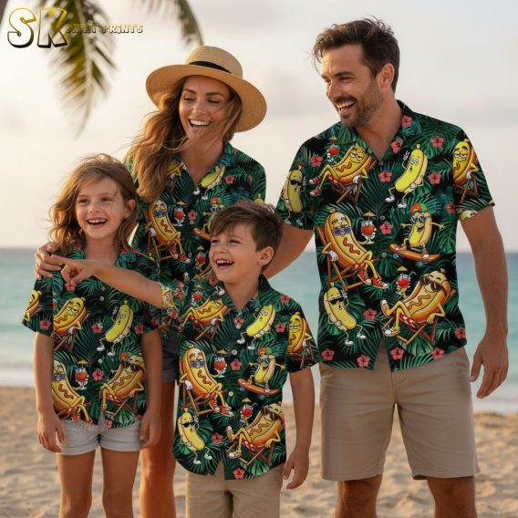 Bright green Hawaiian shirt with playful hot dog characters wearing sunglasses and shoes