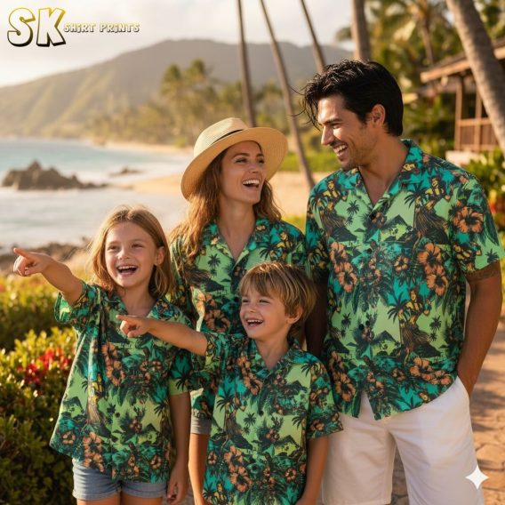 Bright green Hawaiian shirt showcasing tropical botanical print with palm trees and hibiscus