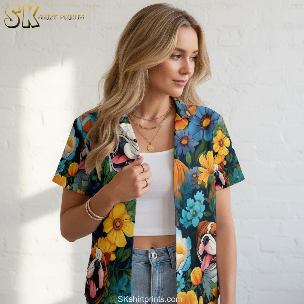 Bulldog hawaiian shirt with colorful cartoon dogs and mixed tropical flower print