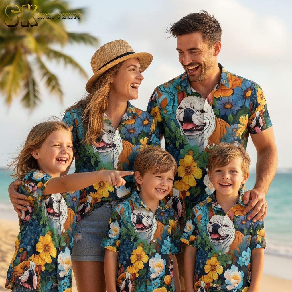 Cartoon dog hawaiian shirt showing playful bulldogs among bright white, yellow and blue flowers