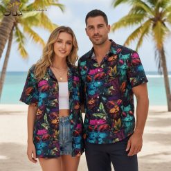 Cat hawaiian shirt displaying colorful cats with sunglasses among bright multicolored tropical leaves