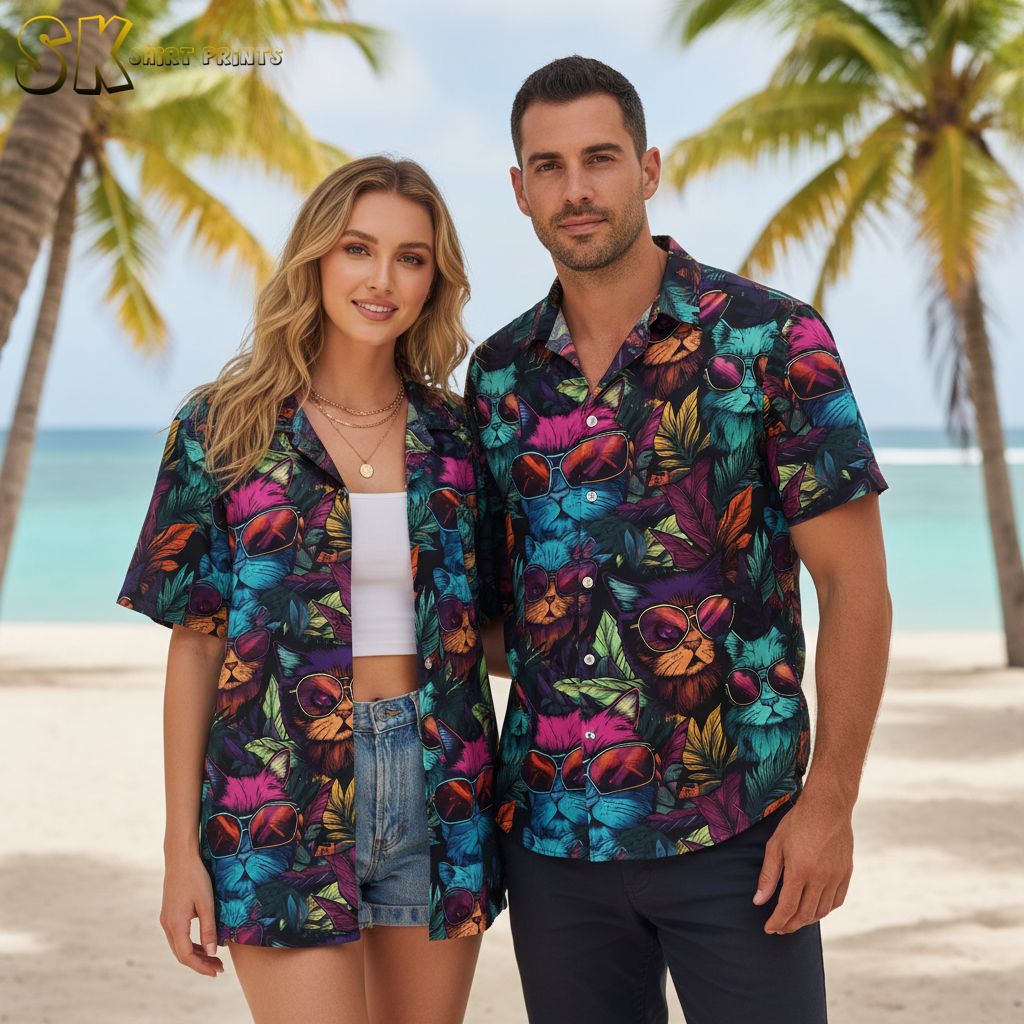 Cat hawaiian shirt displaying colorful cats with sunglasses among bright multicolored tropical leaves