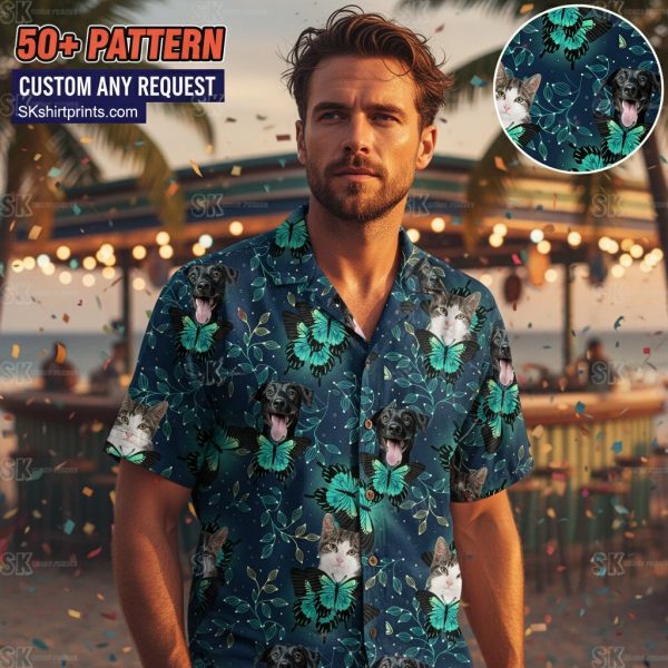 Vibrant cat print hawaiian shirt with tropical design featuring colorful cats among palm leaves and hibiscus flowers
