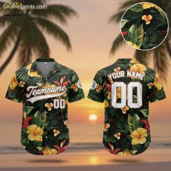 Chicago White Sox Hawaiian shirt with yellow hibiscus and red ginger flowers on dark background