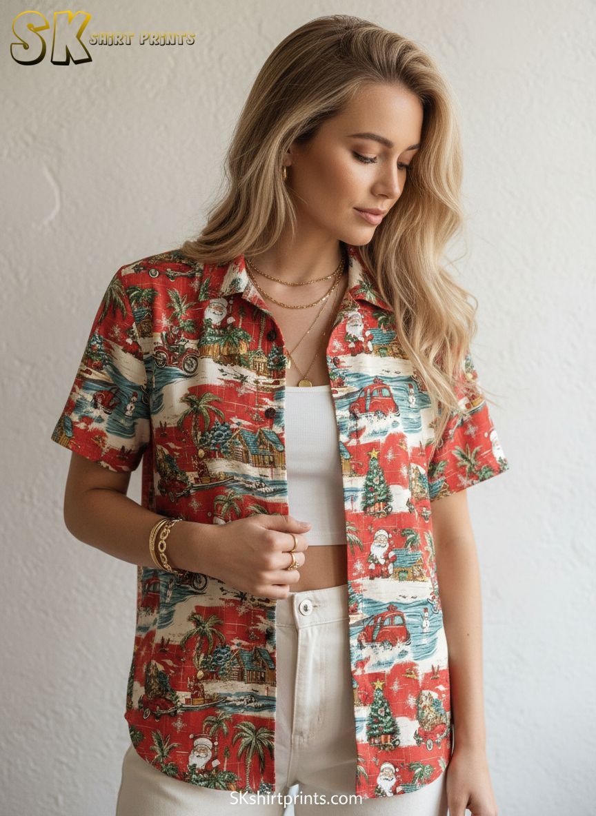 Christmas aloha shirt displaying Santa riding motorcycles with palm trees and beach huts scattered throughout