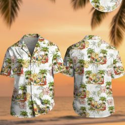 Christmas aloha shirt featuring tropical beach scene with palm trees, surfboards, hibiscus flowers, hammock, and beach balls on light background