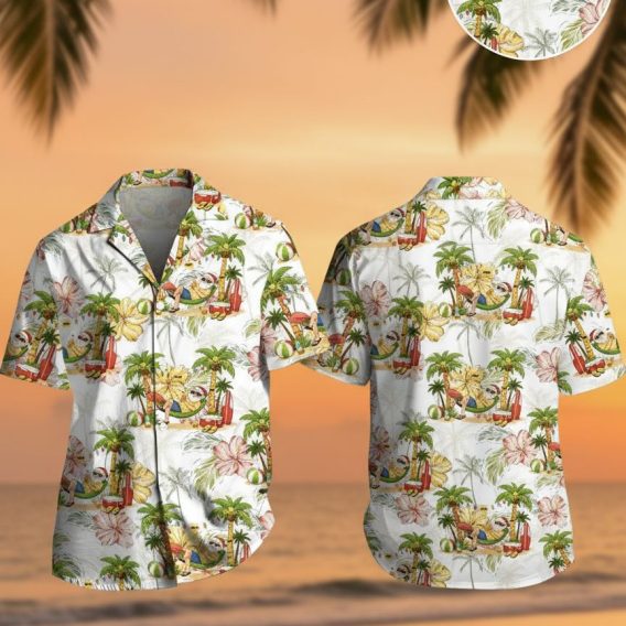 Christmas aloha shirt featuring tropical beach scene with palm trees, surfboards, hibiscus flowers, hammock, and beach balls on light background