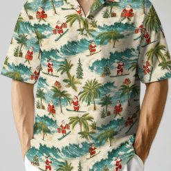 Christmas Hawaiian shirt ladies with Santa Claus holding gifts among waves and palm trees