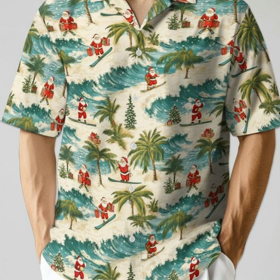Christmas Hawaiian shirt ladies with Santa Claus holding gifts among waves and palm trees