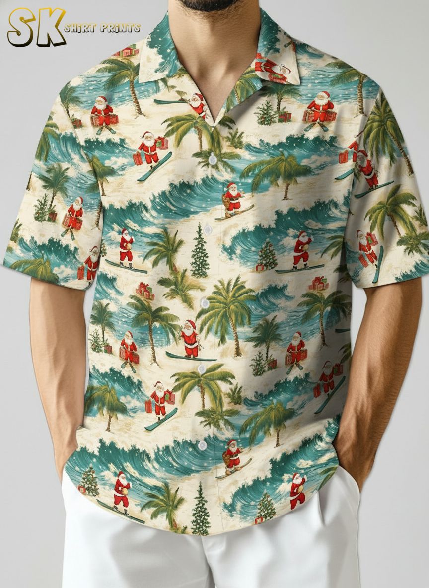 Christmas Hawaiian shirt ladies with Santa Claus holding gifts among waves and palm trees