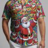 Christmas Hawaiian shirt ladies cut featuring surfing Santa and tropical Christmas elements with bright festive colors