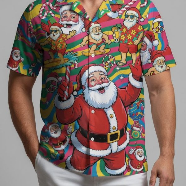 Christmas Hawaiian Shirt Mens - Santa Surfing Holiday Aloha Shirt with Candy Canes & Ornaments