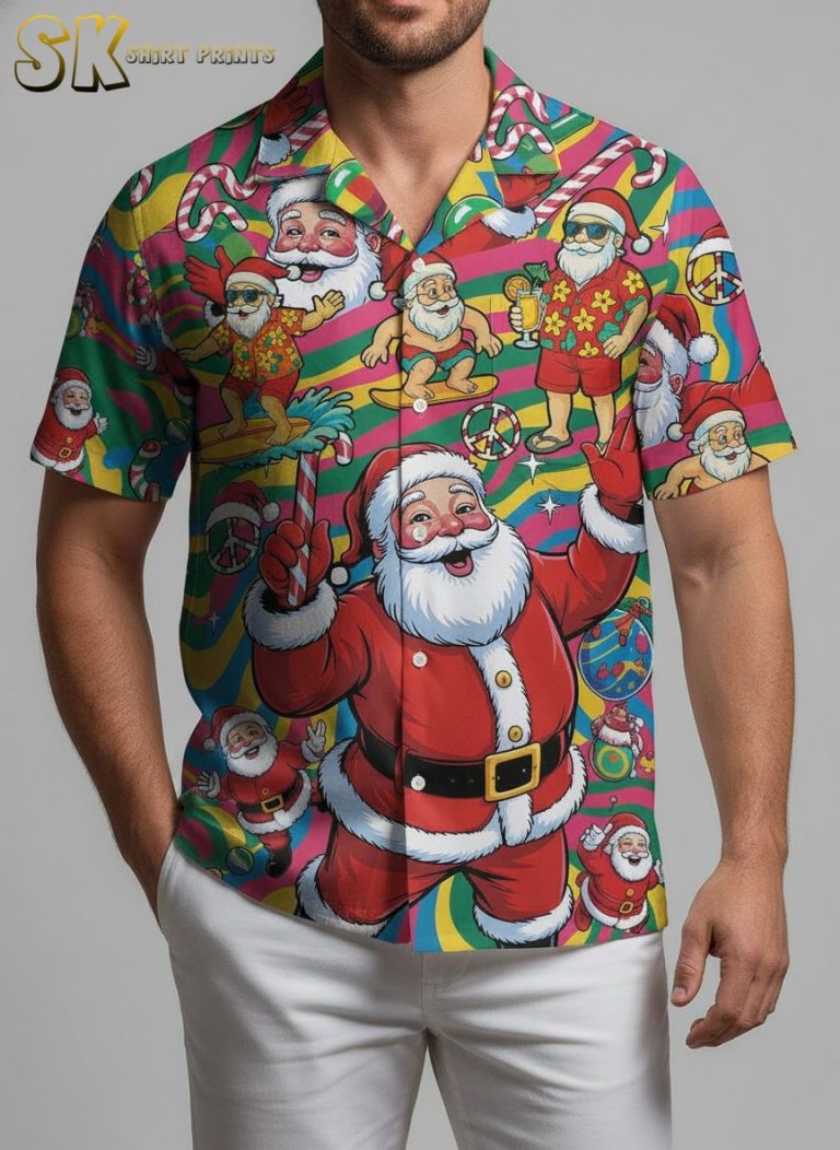 Christmas Hawaiian Shirt Mens – Santa Surfing Holiday Aloha Shirt with Candy Canes & Ornaments