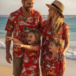 Christmas hawaiian shirt mens featuring Santa with reindeer in tropical Christmas scene with snowmen, palm trees and hibiscus on red fabric