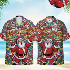 Christmas Hawaiian shirt mens featuring Santa Claus in various poses with candy canes and Christmas ornaments on colorful tropical background
