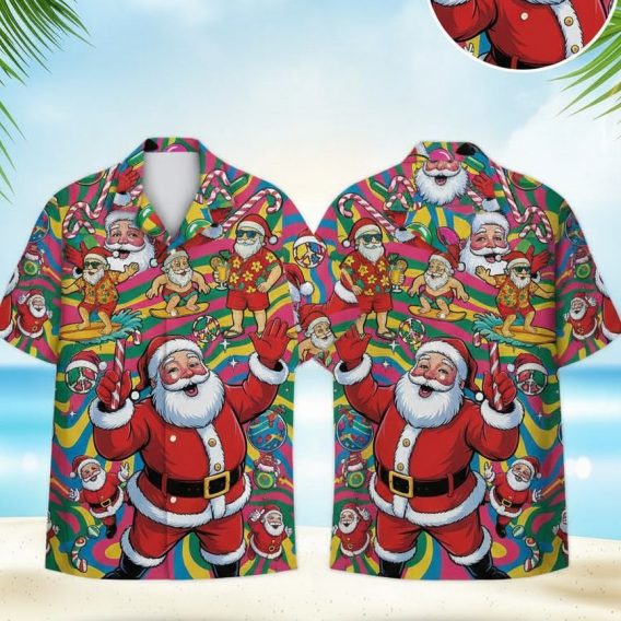 Christmas Hawaiian shirt mens featuring Santa Claus in various poses with candy canes and Christmas ornaments on colorful tropical background
