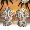Christmas Hawaiian shirt featuring Santa Claus in Hawaiian attire with pineapples, flamingos, and hibiscus flowers