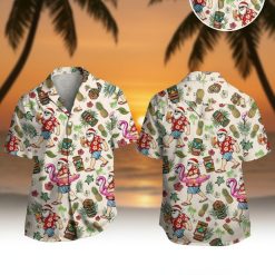 Christmas Hawaiian shirt featuring Santa Claus in Hawaiian attire with pineapples, flamingos, and hibiscus flowers