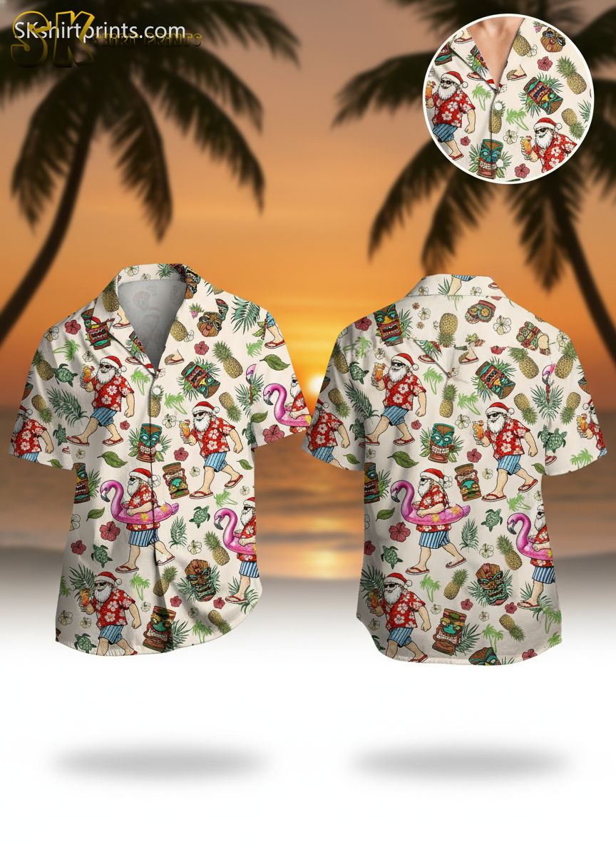 Christmas Hawaiian shirt featuring Santa Claus in Hawaiian attire with pineapples, flamingos, and hibiscus flowers