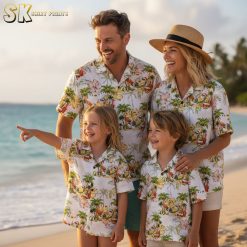 Christmas Hawaiian shirts collection featuring multiple color variations of holiday beach wear with tropical Santa designs