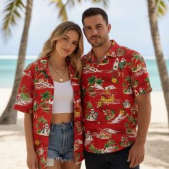 Christmas hawaiian shirts for men displaying holiday beach theme with snowmen wearing tropical accessories and palm tree decorations