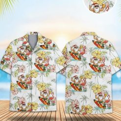 Christmas Hawaiian shirt for men featuring Santa Claus surfing with sunglasses, tropical hibiscus flowers and palm trees