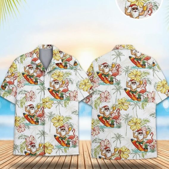 Christmas Hawaiian shirt for men featuring Santa Claus surfing with sunglasses, tropical hibiscus flowers and palm trees