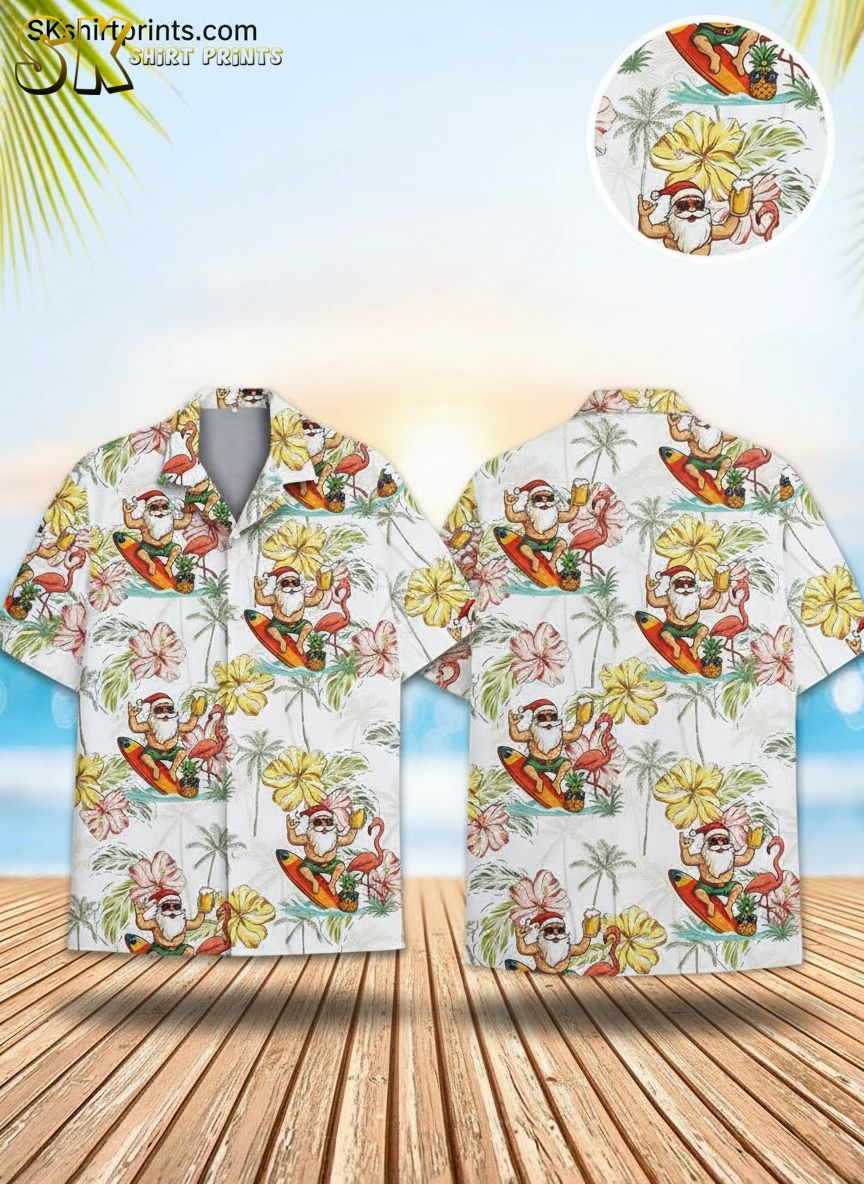 Christmas Hawaiian shirt for men featuring Santa Claus surfing with sunglasses, tropical hibiscus flowers and palm trees