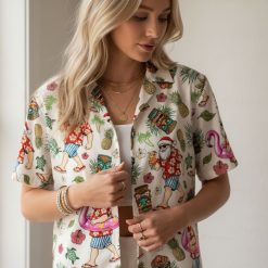 Christmas Hawaiian shirts for men displaying tropical Santa design with pineapples and Hawaiian florals