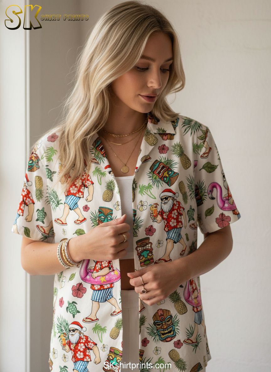Christmas Hawaiian shirts for men displaying tropical Santa design with pineapples and Hawaiian florals
