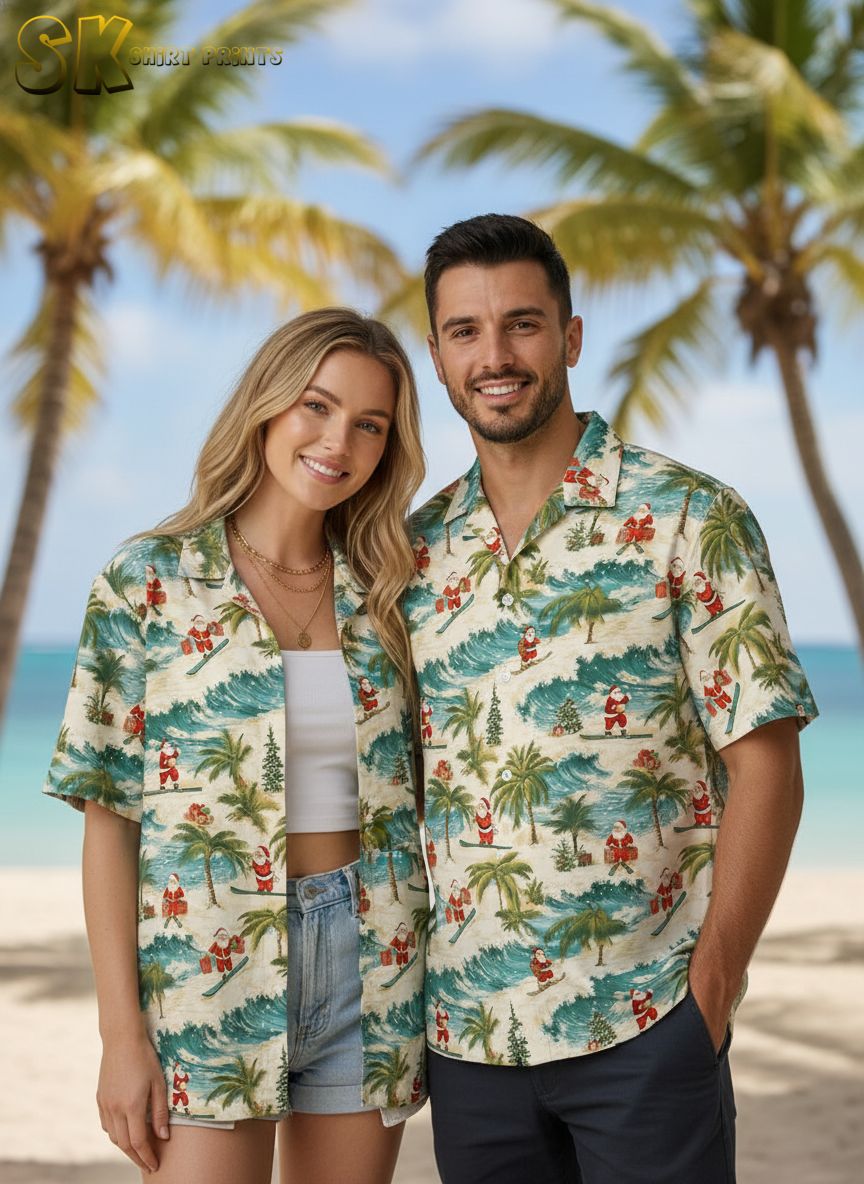 Christmas Santa Hawaiian shirt displaying Santa Claus surfing with Christmas trees and wrapped presents