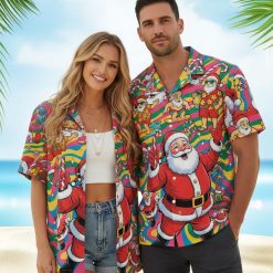 Christmas Santa Hawaiian shirt displaying multiple Santa Claus figures with tropical drinks and candy canes on festive background