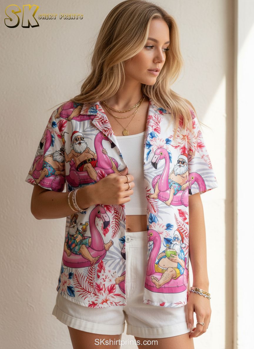 Christmas themed Hawaiian shirt displaying tropical Santa illustrations with flamingo floats and vibrant flower patterns