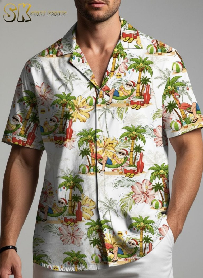 Tropical Beach Christmas Aloha Shirts – Palm Trees & Surfboards Holiday Hawaiian Shirt