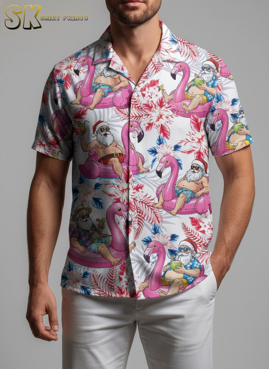 Christmas vacation Hawaiian shirt showing Santa in beach attire with sunglasses holding drinks on flamingo floats