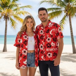 Cincinnati Reds Hawaiian shirt close-up showing BEARCATS text with white and black tropical flowers