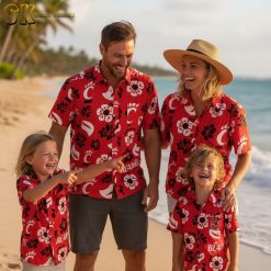 Cincinnati Reds Hawaiian shirt displaying full pattern with red background, white flowers, and team symbols