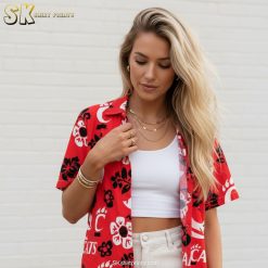 Cincinnati Reds Hawaiian shirt showing stylized tropical leaves and team logos on red fabric