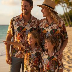 Classic car Hawaiian shirt collection featuring tropical island print with vintage aloha styling